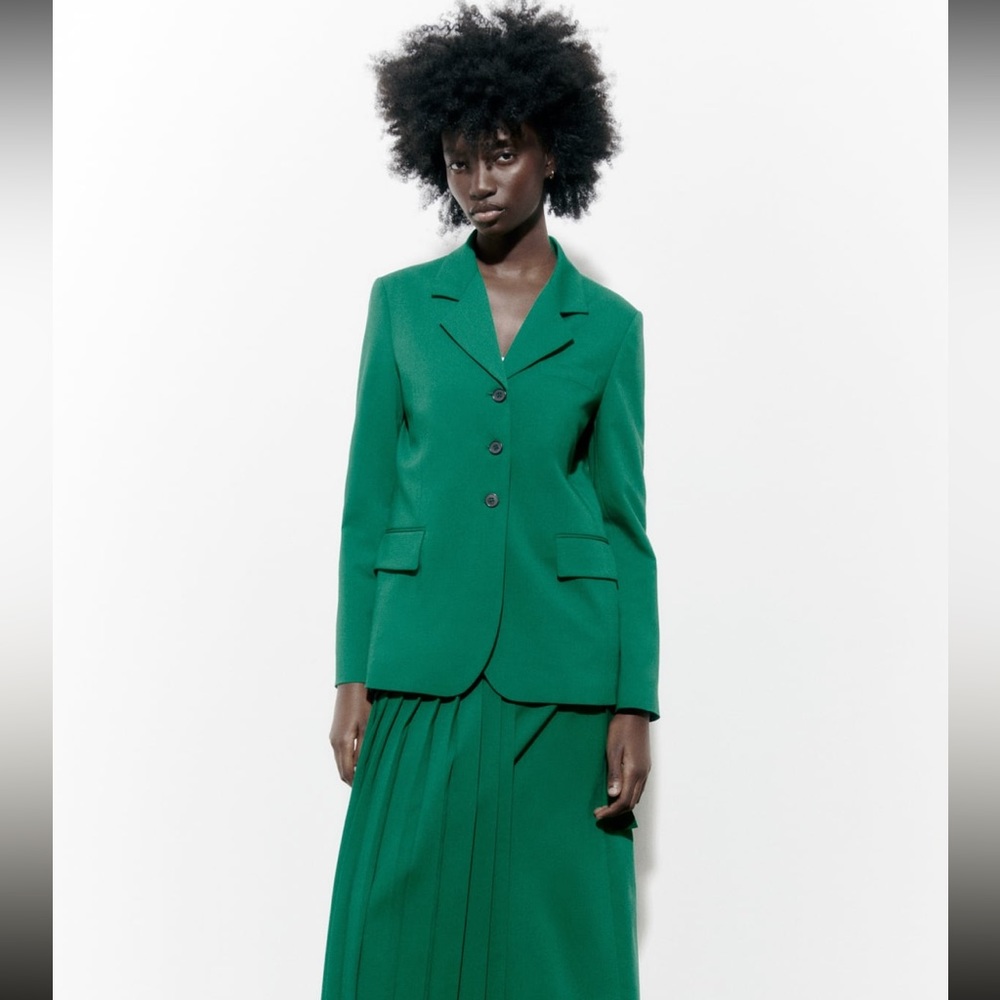 Zara Wool Blend Straight Cut Green Blazer 3 Button - Picture 3 of 15